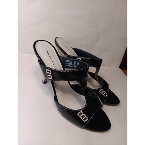 Predictions Shoes - Predictions Women 7.5 Black and Tan 2000s Faux Patent Leather Sandal Slides Mule